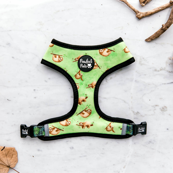 Sloth design on the Don't Worry, Don't Hurry reversible harness.