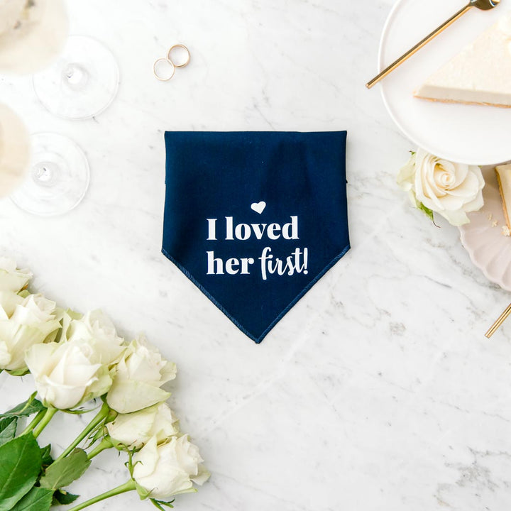"I loved her first!" Pawfect Celebrations navy bandana.