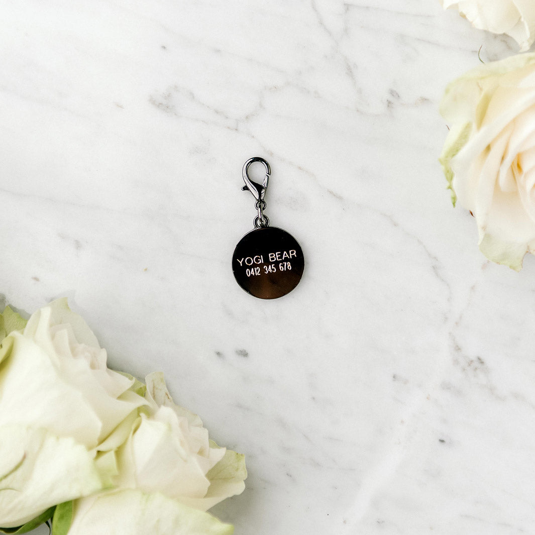 Pawfect Pals engraved dog tag in platinum.