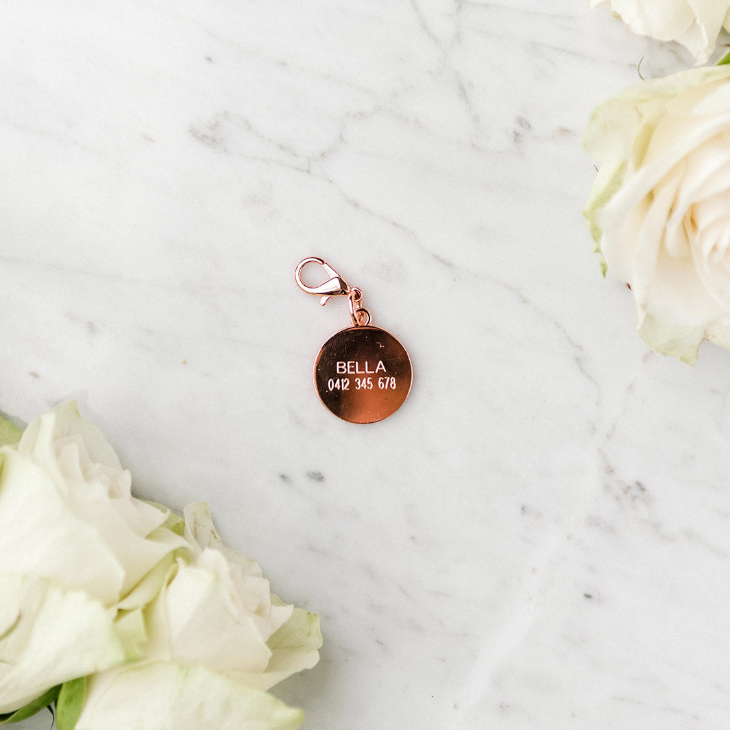 Pawfect Pals engraved dog tag in rose gold.
