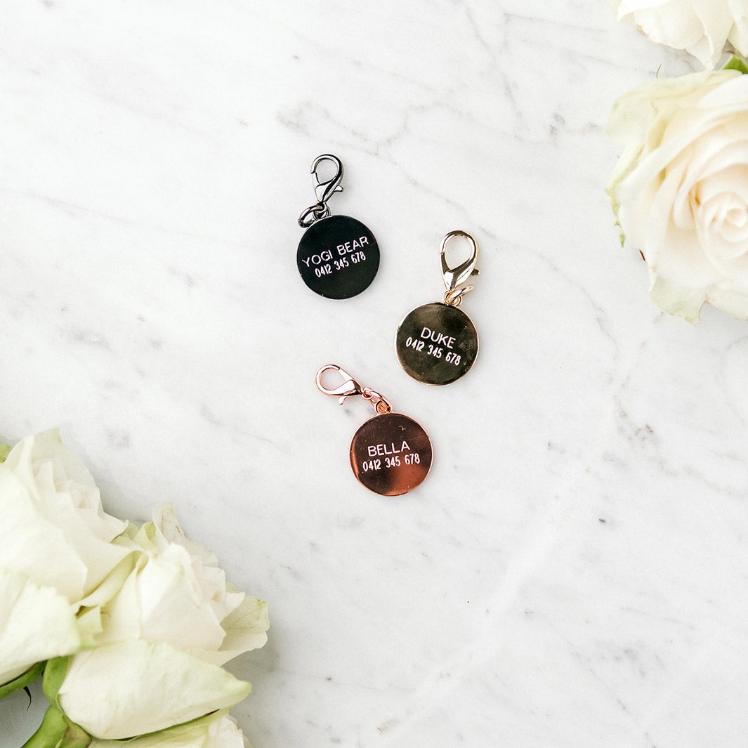 The back side of our engraved dog tags, available in rose gold, gold and platinum.