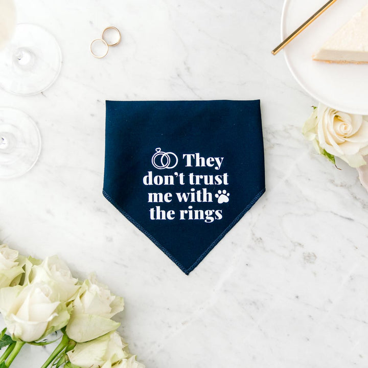 "They don't trust me with the rings" Pawfect Celebrations navy bandana.