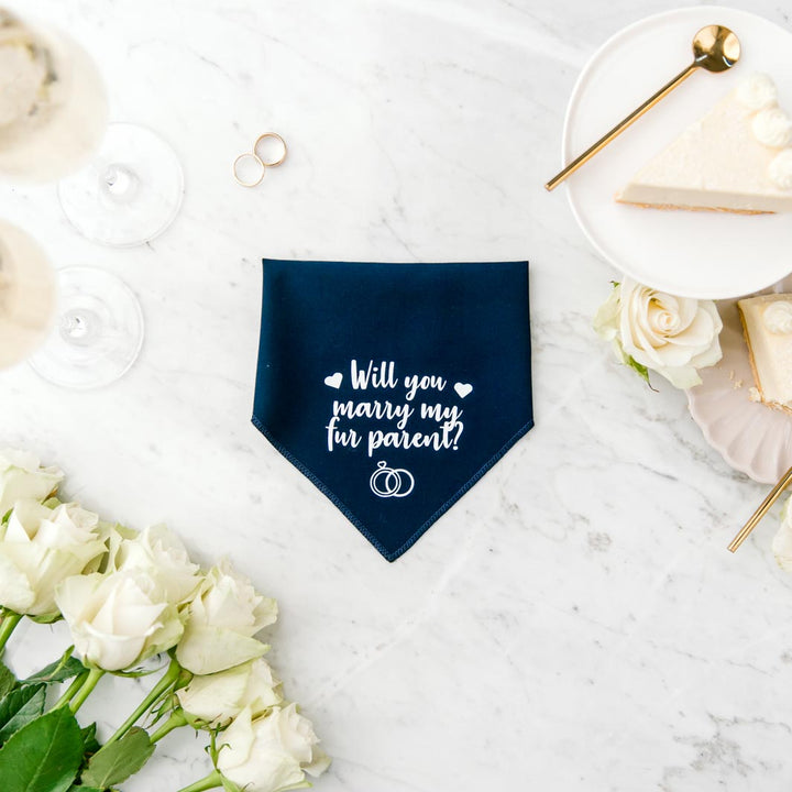 "Will you marry my fur parent?" (italics) - Pawfect Celebrations navy bandana.